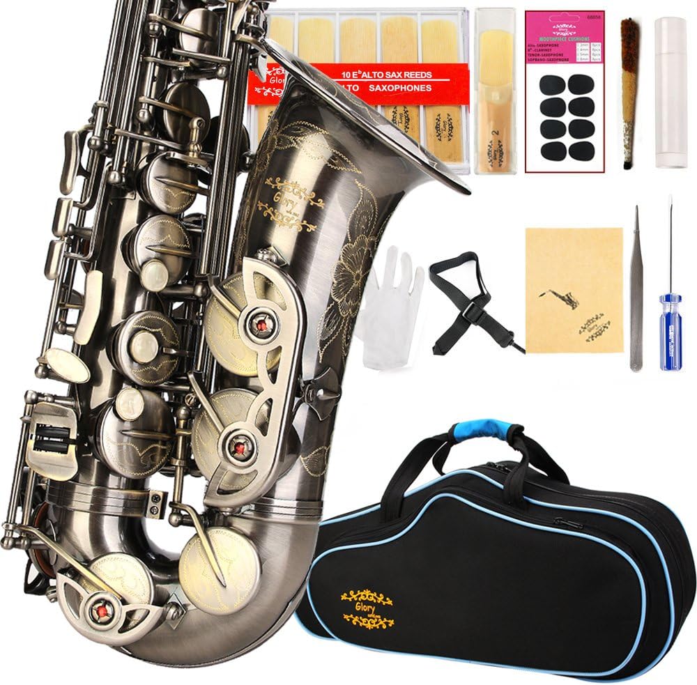 GLORY Engraved Flower Design High Grade Antique Finish Series PR4, E Flat Alto Saxophone with 11reeds,8 Pads Cushions,case,carekit