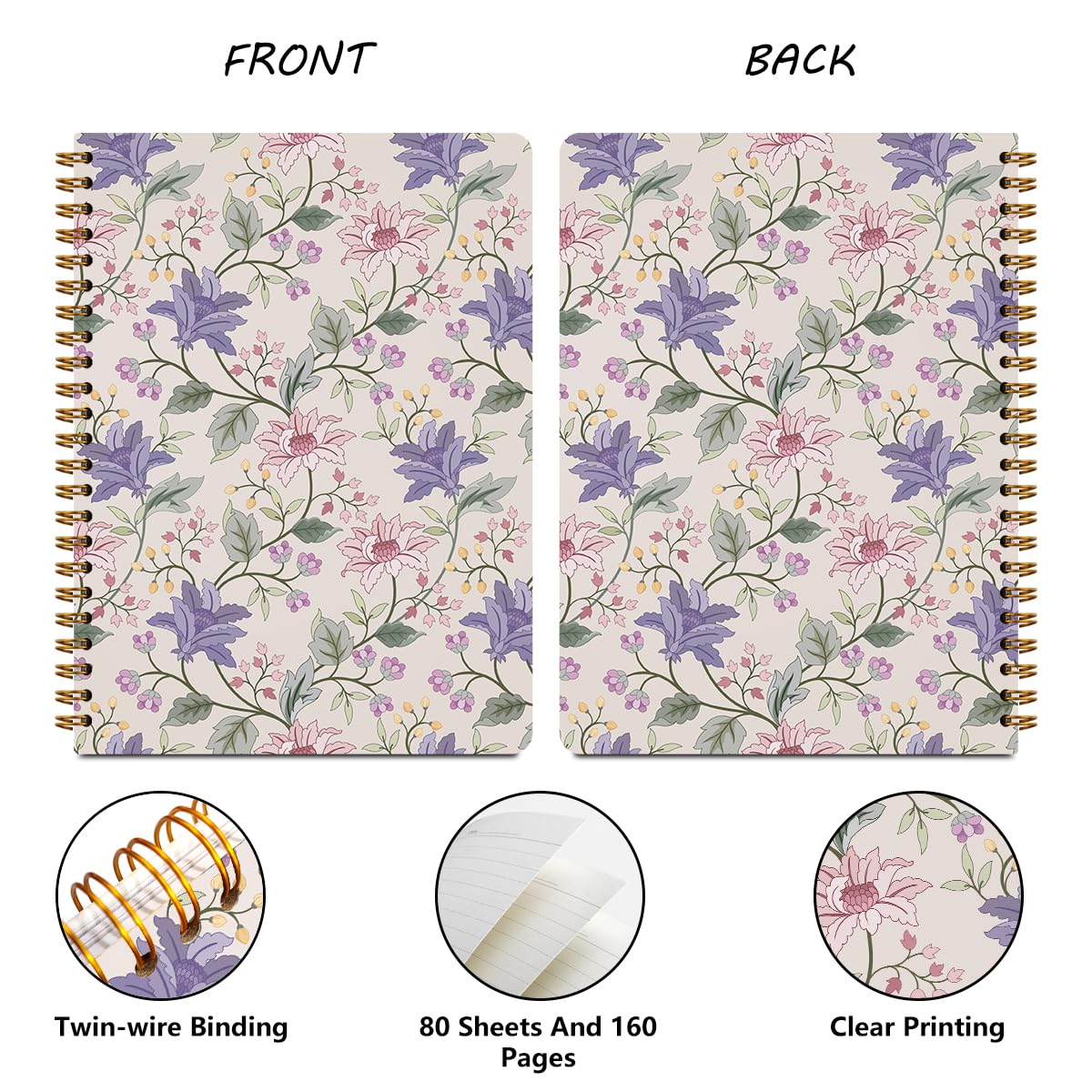 2 quaderni a spirale viola floreale da donna, con copertina rigida, diario di viaggio a righe universitarie, diario di viaggio per scrivere appunti, bohémien, viola, rosa, regalo per donne, 21,1 x