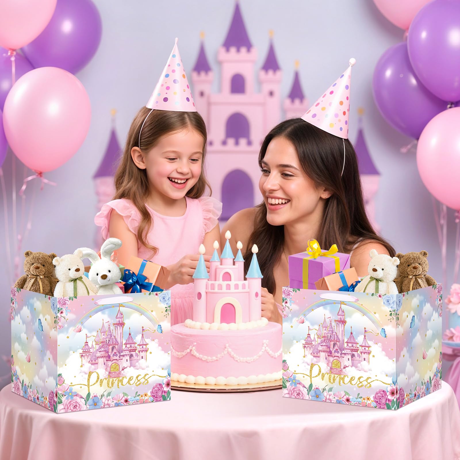 Extra Large Princess Gift Bag for Girls, Pink Castle Party Favors Bag with 6Pcs Tissue Paper Jumbo Flower Floral Gifts Bag with Handles Princess Wrapping Paper Bags for Birthday, Wedding, Baby Shower