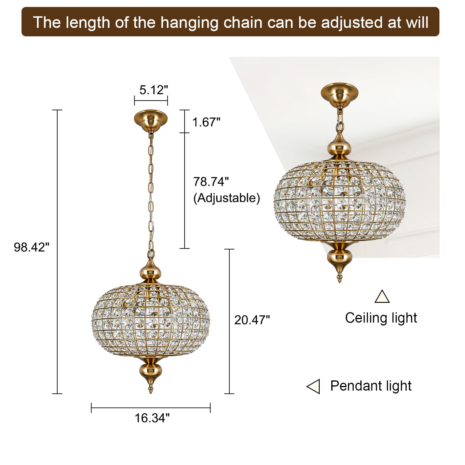 Gold Crystal Chandelier, 16.5" Modern 4-Light Round Crystal Pendant Light Antique Globe Foyer Chandelier for Dining Room Living Room — Amazon image 3