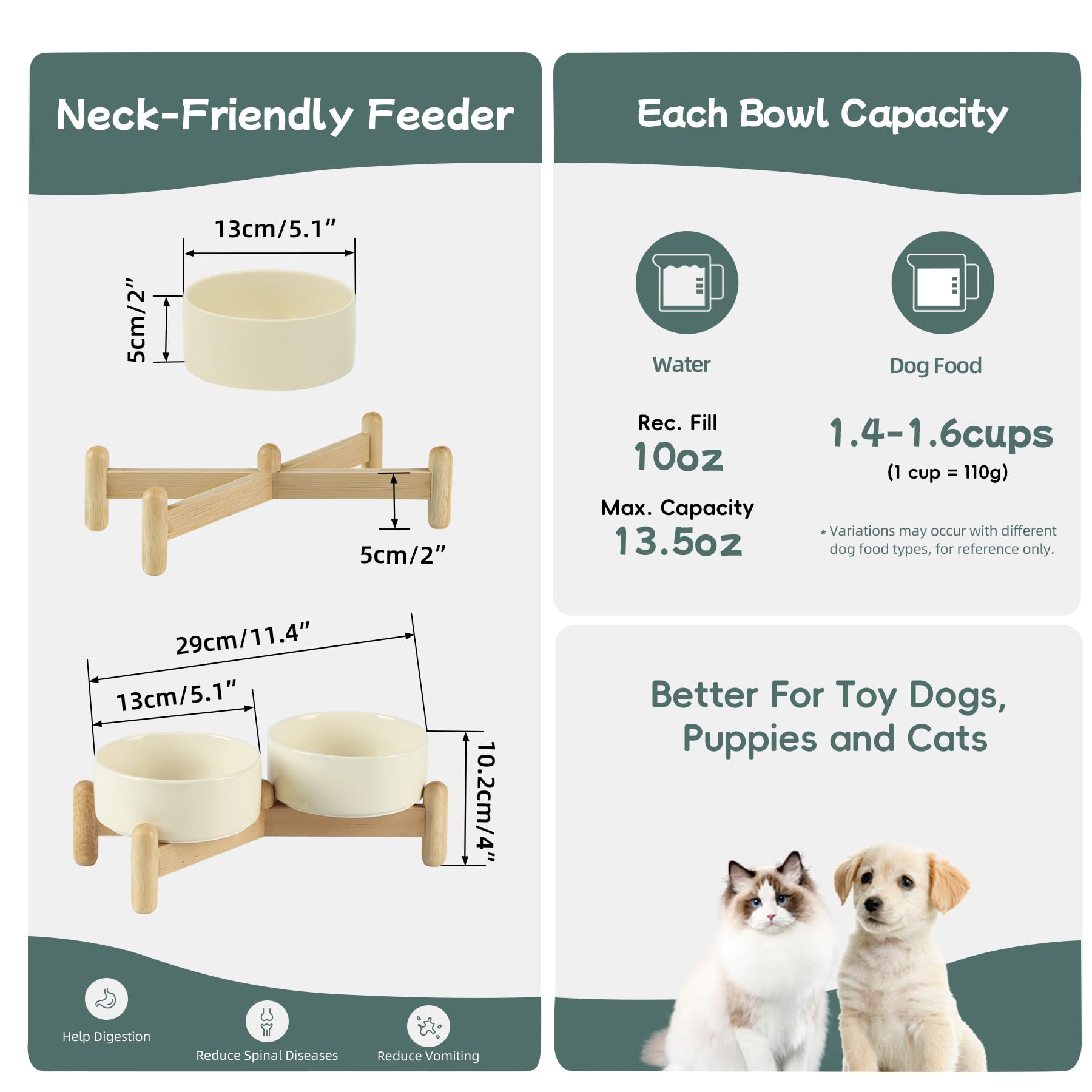Havniva Juego de Cuencos Dobles elevados de cerámica de 5.1 Pulgadas con Soporte de Madera, Cuencos elevados para Alimentos y Agua para Perros de Raza de Juguete, Gatos, Gatitos, Platos para Perros