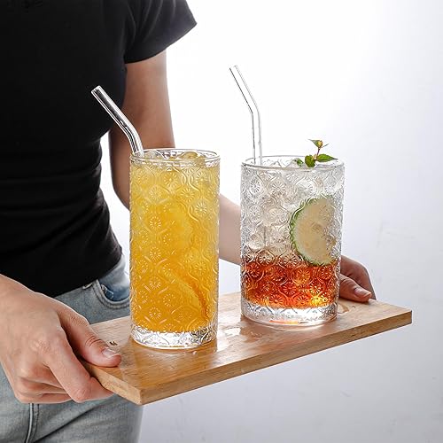 Miniatura 2 de Juego de 4 vasos vintage en relieve, 2 vasos de vidrio Collins de 12 onzas y 2 vasos altos de 16 onzas, transparentes, Art Deco, para cerveza, agua,