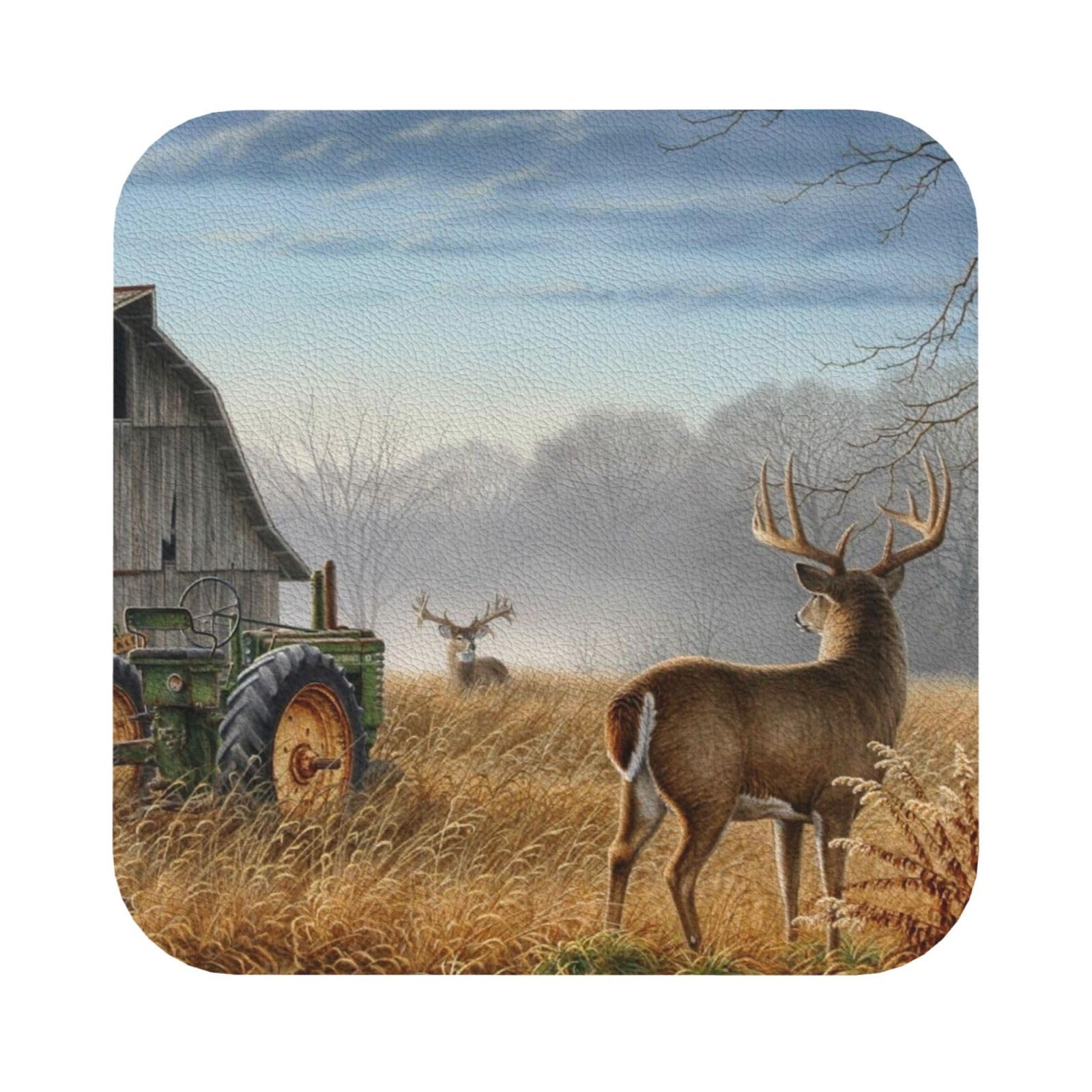 Farm with deer PU Leather Coasters Set of 6 Square Drink Coasters