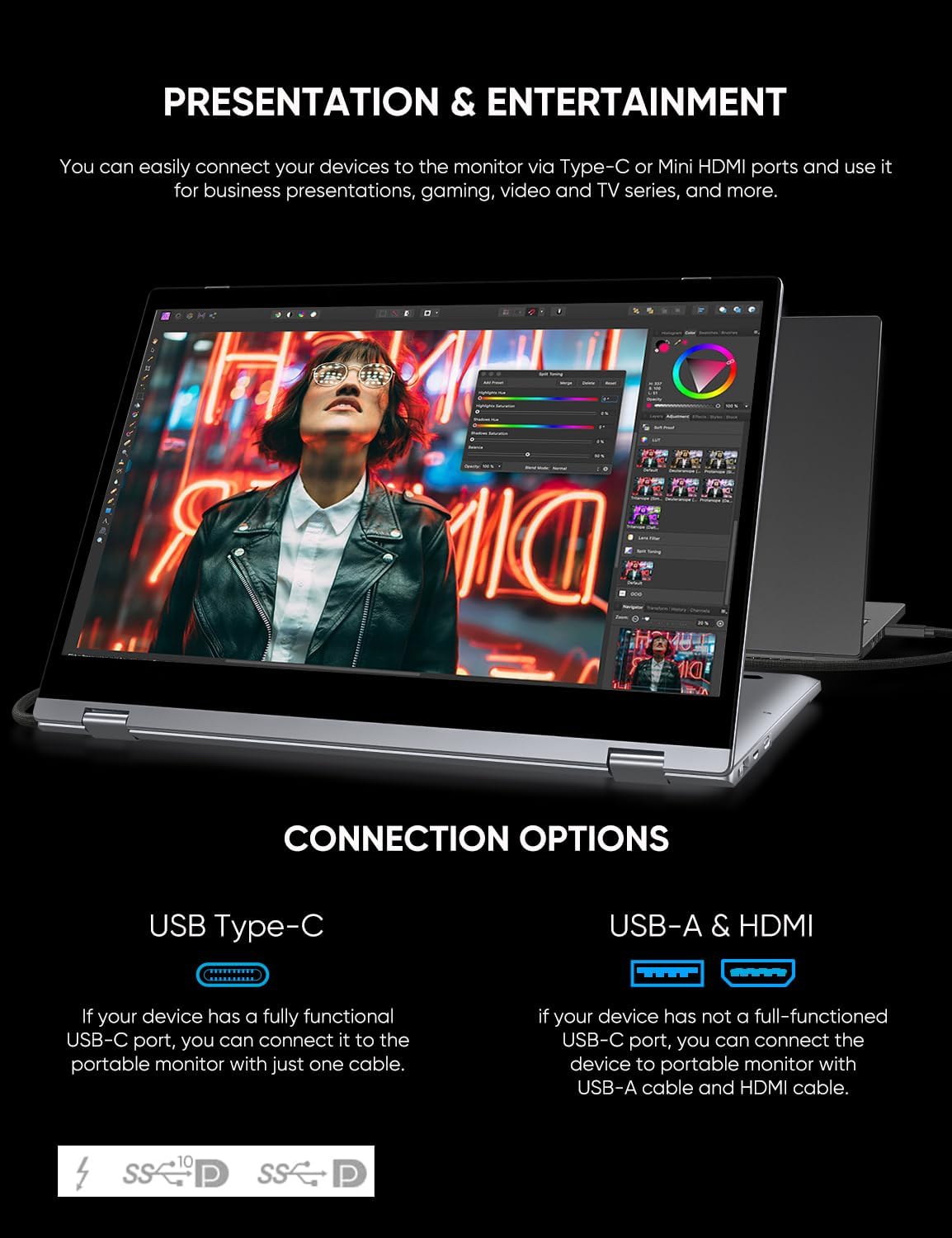 A person using the Dopesplay DR158W portable monitor connected wirelessly to a smartphone, highlighting Wi-Fi 5.8 and Bluetooth 4.1 capabilities.