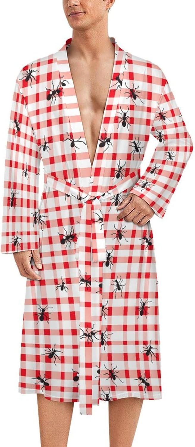 Ants Gingham Checked Pattern Mens Robe Long Bathrobe for Women Bath Robes Lightweight Soft Printed Sleepwear