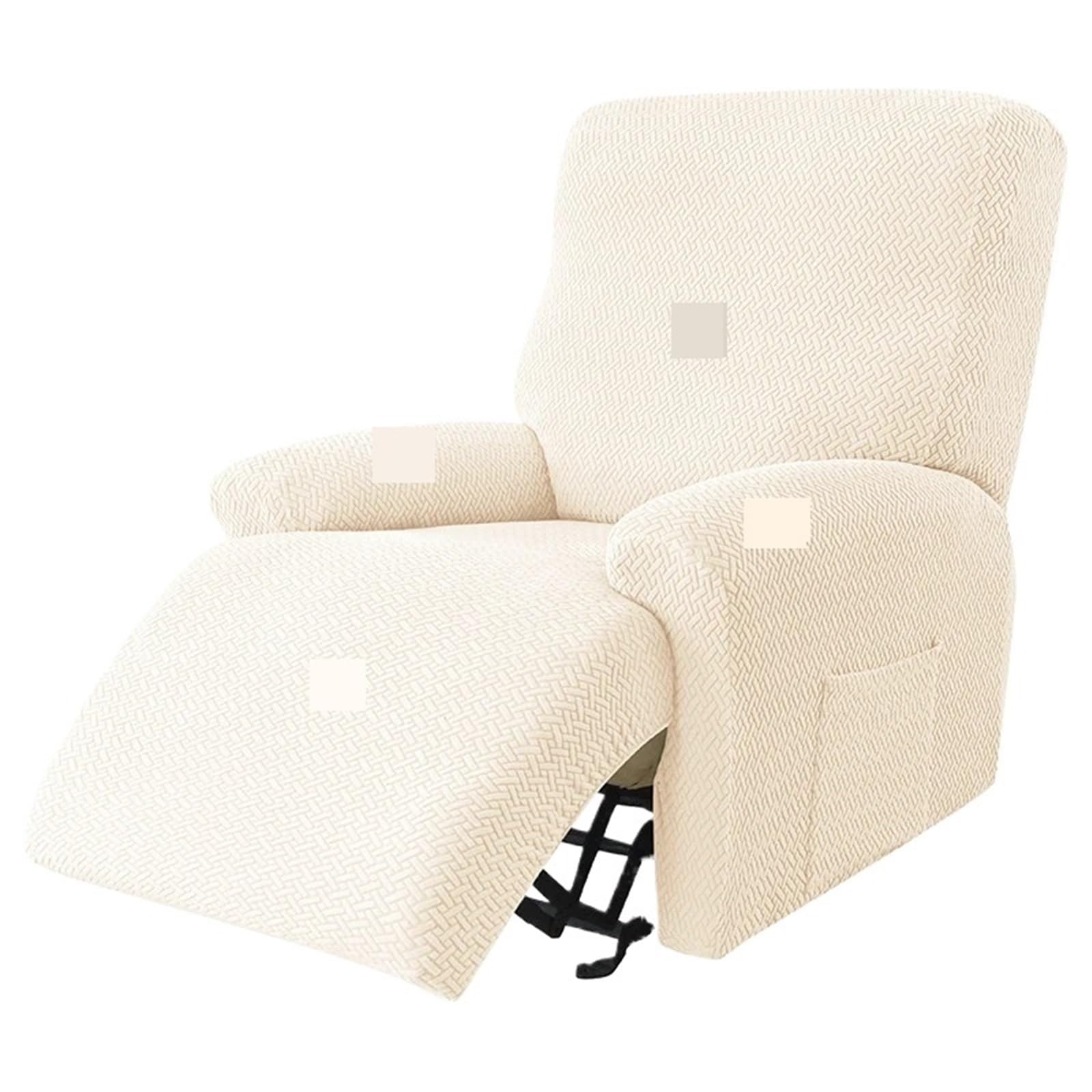 WJIAYAO Thick Plush Recliner Chair Cover Jacquard Stretch Recliner Sofa Covers Elastic Split Armchair Chair Cover Non-Slip Chairs Slipcovers for Living Room(Beige Cover)