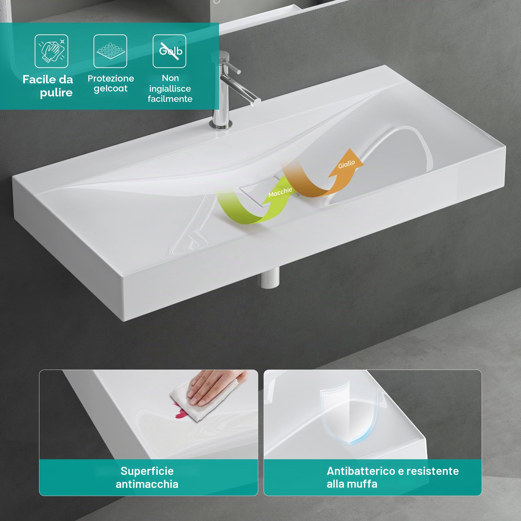 Mai & Mai Lavabo da Appoggio 60x48x10cm, Lavabo Bagno Sospeso Lavandino Bagno Rettangolare Colossum810 da Marmo fuso