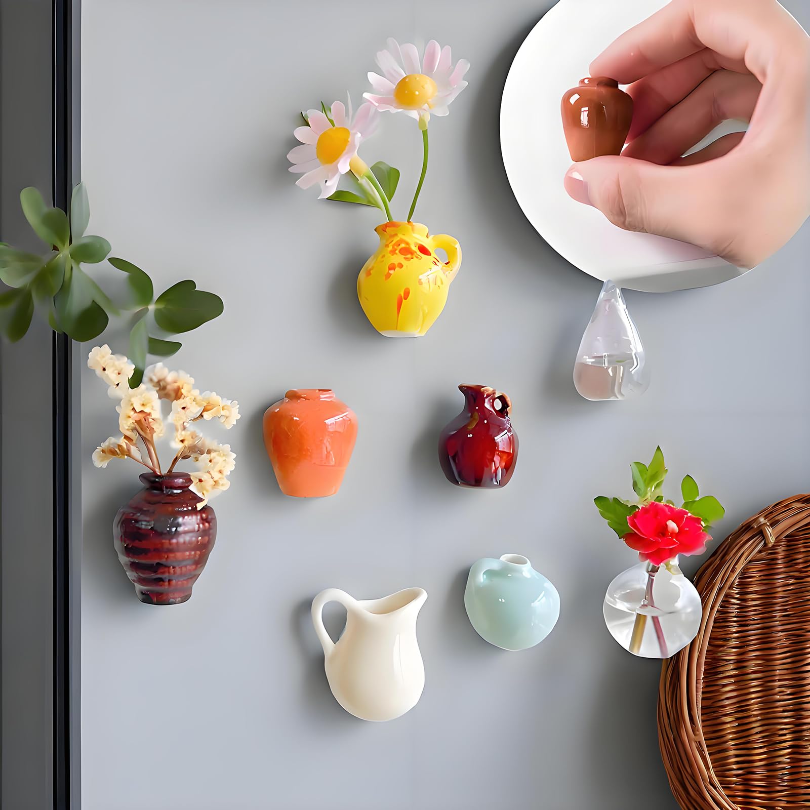 Volticore 2025 New Mini Vase Magnets for Fridge (6PCS) - Cute Ceramic Flower Pot Magnets, Tiny 3D Bud Vases for Refrigerator Decoration, Kitchen Locker & Office-for a Gift of 6 Lovely Little Flowers