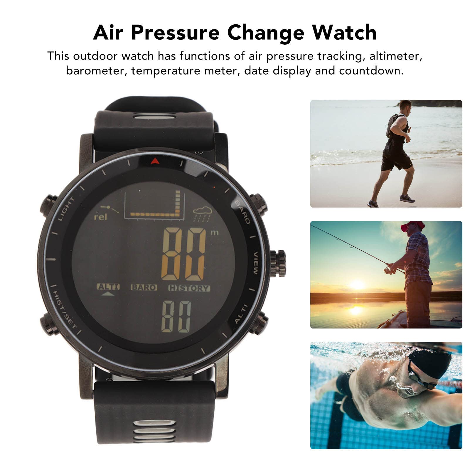 Fockety Montre de Sport Numérique, Montre Numérique D'extérieur étanche avec Altimètre, Baromètre et Thermomètre, Montre-Bracelet Numérique pour Hommes et Femmes, Pêche, Randonnée,Escalade
