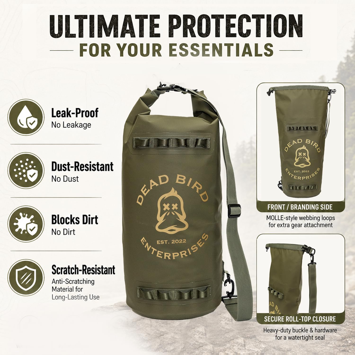 Dead Bird Enterprises Wasserdichter 20-Liter-Trockensack, militärgrüne Muscheltasche mit Roll-Top-Verschluss für Entenjagd, Kajakfahren, Camping, Strand, Bootfahren und Angeln, 500D PVC-Plane