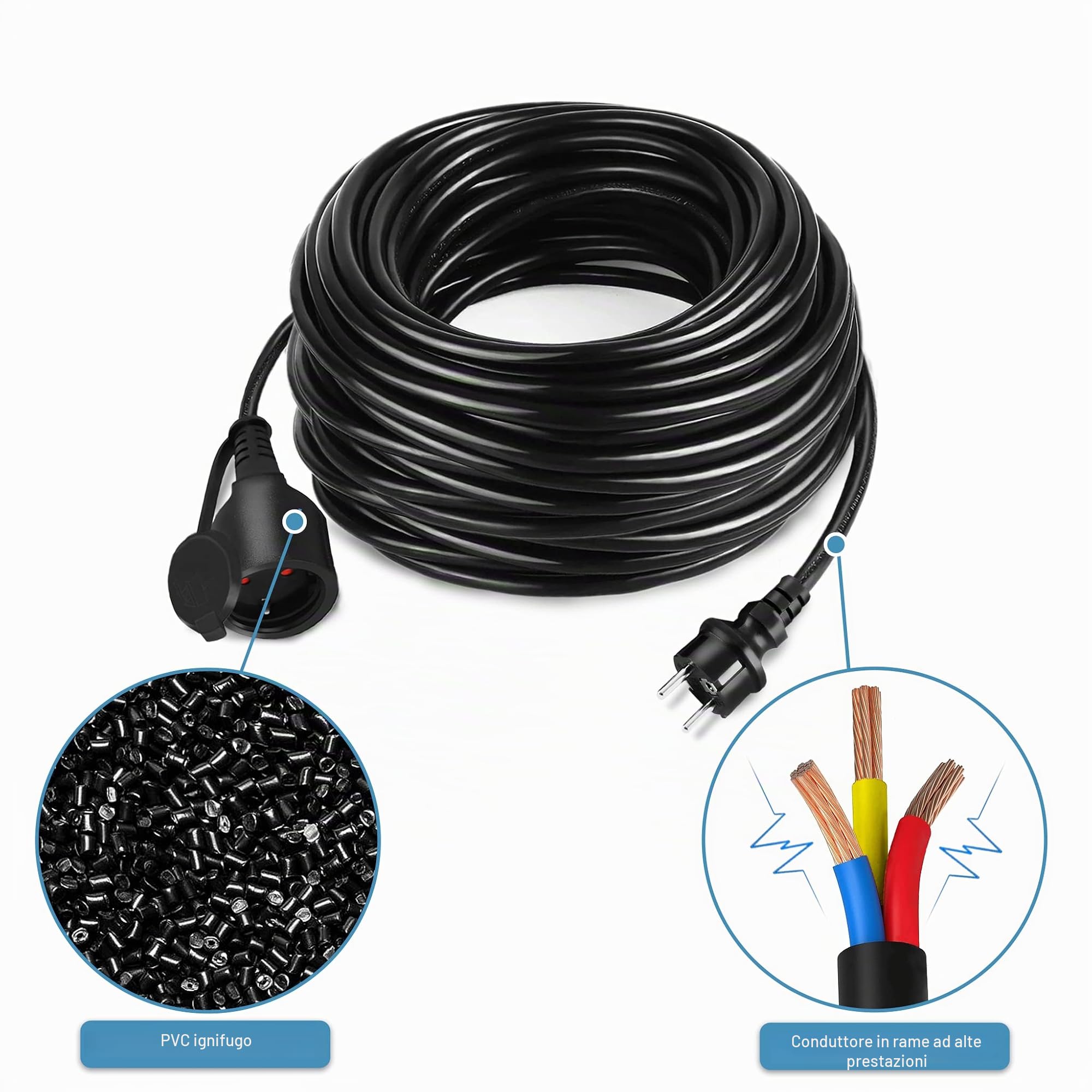 FIVMEN Cavo di prolunga 30 m con tappo di protezione, prolunga cavo di prolunga 230 V, impermeabile, IP44, per interni ed esterni