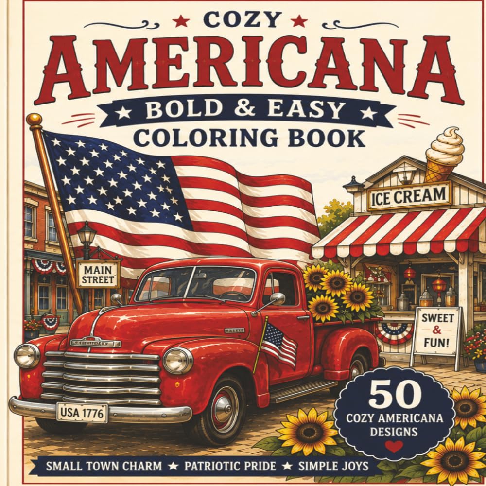 Cozy Americana Bold & Easy Coloring Book: 50 Relaxing Small-Town Patriotic Designs Featuring Vintage Trucks, Gazebos, Flags, Summer Fun & Country Charm