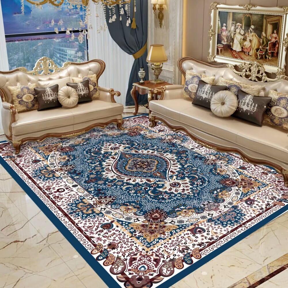 Tapis salon bleu 200x300 cm antidérapant et lavable en velours doux de cuisine
