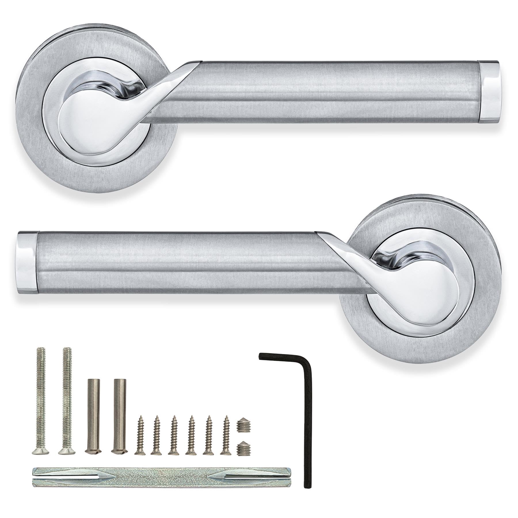 Xfort Polished Chrome / Satin Chrome Enterprise Lever On Rose Door Handles, Internal Door Handle Sets, Lever Latch Door Handle, Interior Door Handles For Home & Office – Polished Chrome/Satin Chrome Nickel Dual Finish