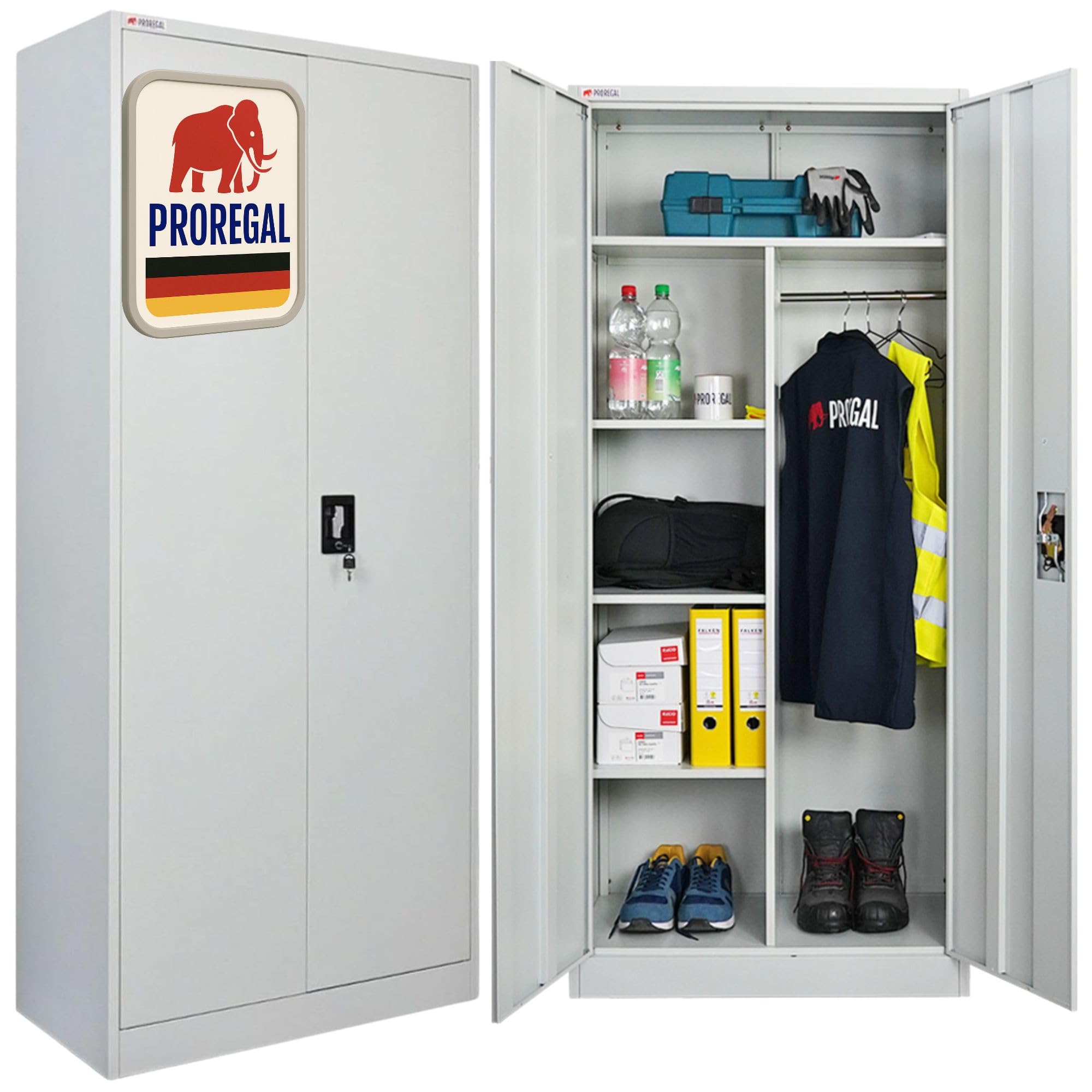 PROREGAL Flügeltürenschrank Elephant Metall Spind Schrank Abschließbar 2 Türen 180x80x40cm