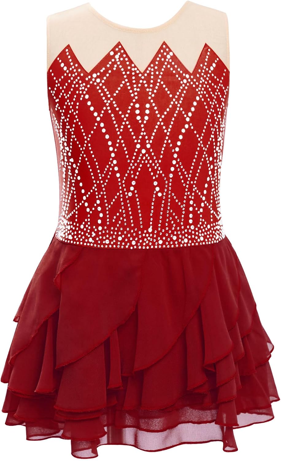 Agoky Kids Girls Sparkly Figure Skating Dress Sleeveless Ruffle Tiered Skirt Shiny Ice Skating Dress Dancewear