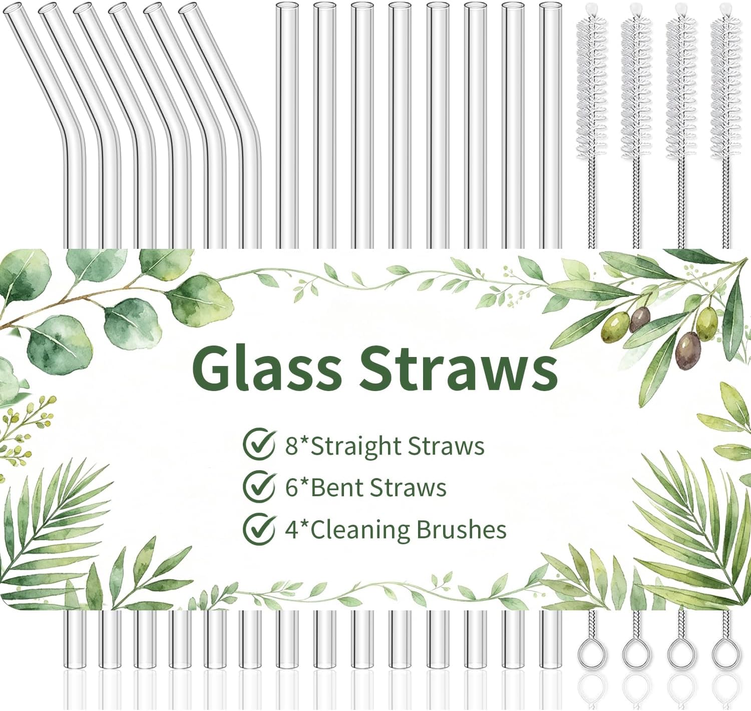 18Pcs Glass Straws, Reusable Clear Glass Drinking Straws, 8.5''x10MM- Includes 8 Straight and 6 Bent with 4 Cleaning Brushes, Perfect for Smoothies, Milkshakes, Juice, Tea