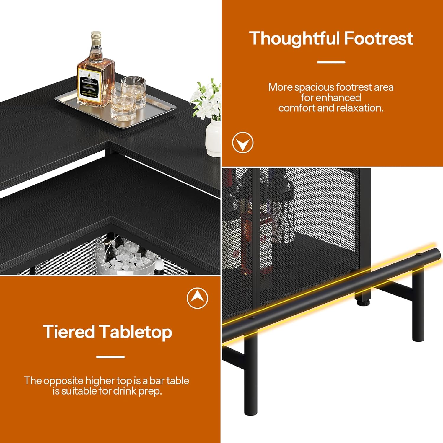 HOOBRO Home Bar Unit, L-Shaped Bar Table with Glasses Holder, and 4-Tier Shelves, Corner Mini Coffee Liquor Cabinet with Footrest,with LED Light APP Control for Home, Kitchen, Pub, Black BK129DBT01
