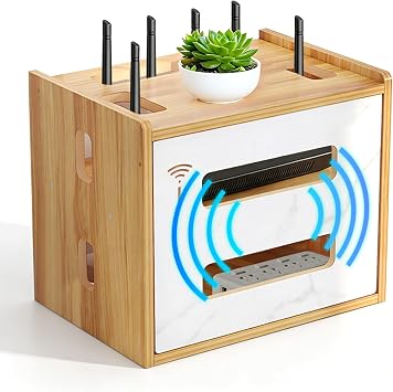 Router Shelf Wall Mount, WiFi Router Box Hider & Modem Storage Box with Multiple Cable Holes, Cable Management Organizer for WiFi Router, Modem, Power Strip - Brown 13.39"x10.12"x11.02"