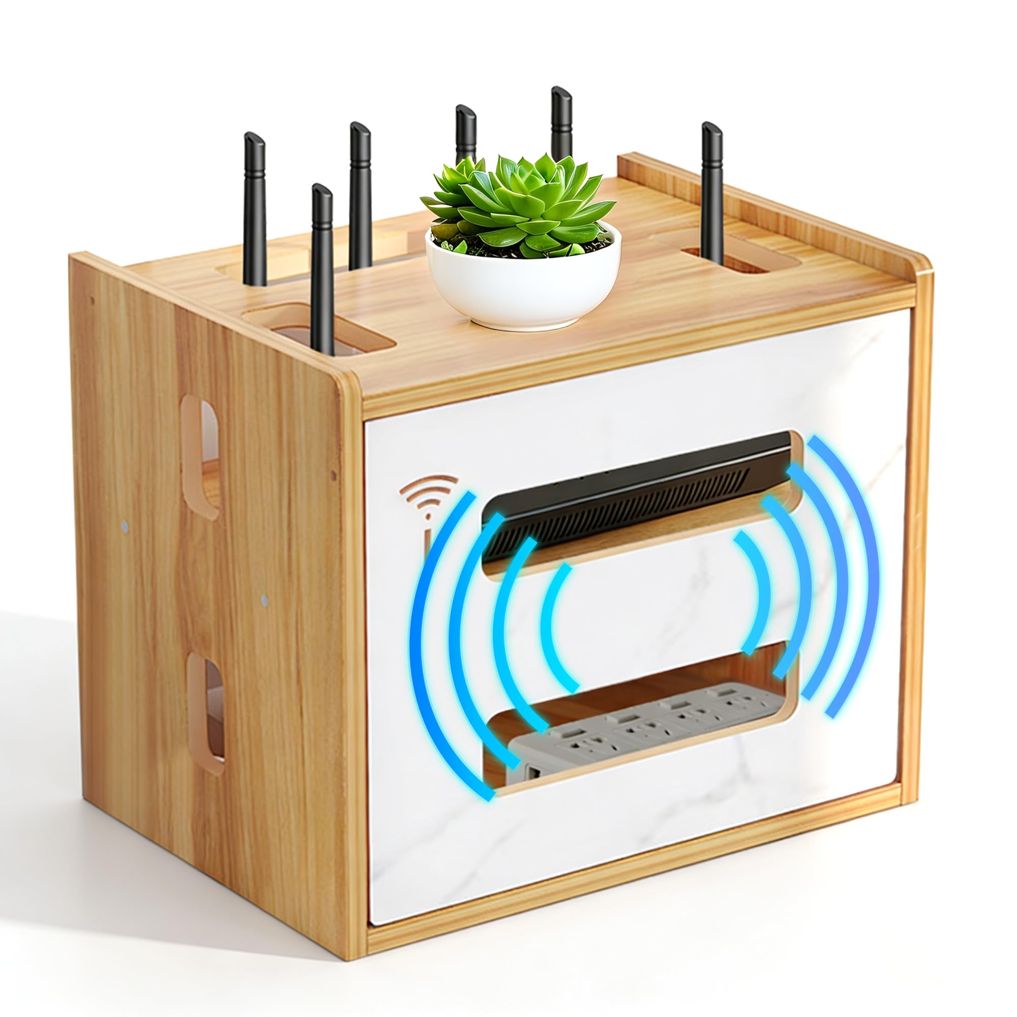 Router Shelf Wall Mount, WiFi Router Box Hider & Modem Storage Box with Multiple Cable Holes, Cable Management Organizer for WiFi Router, Modem, Power Strip - Brown 13.39"x10.12"x11.02"