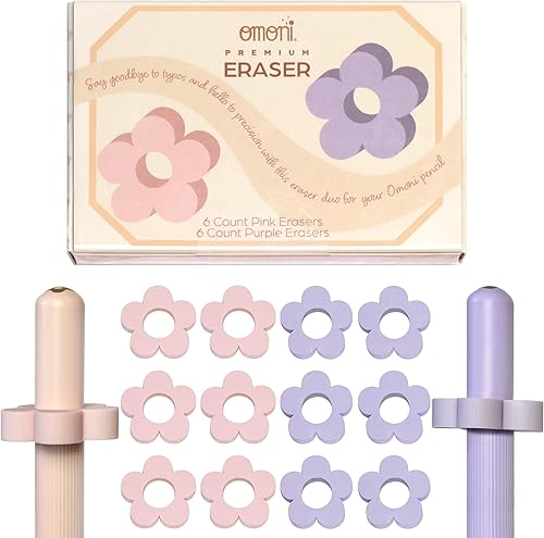 OMONI Borradores con parte superior de lápiz de 0.39 pulgadas de diámetro, diseño deslizante al cuerpo, paquete de 12 borradores de margaritas en