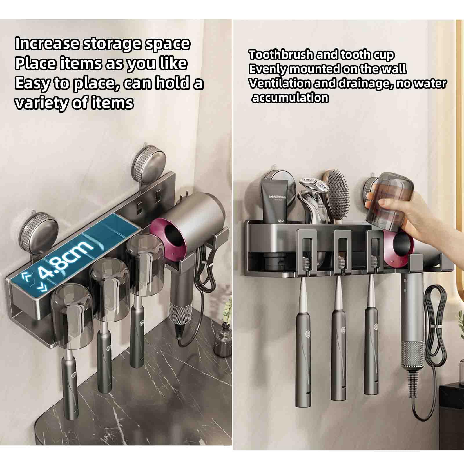 JUSHZ Porta Dentifricio Porta Spazzolino da Muro Portaspazzolini da Bagno Porta Spazzolini Portaspazzolino da Parete da Viaggio Porta Asciugacapelli Ventosa (43.6x14.1x8.1cm,Grey)