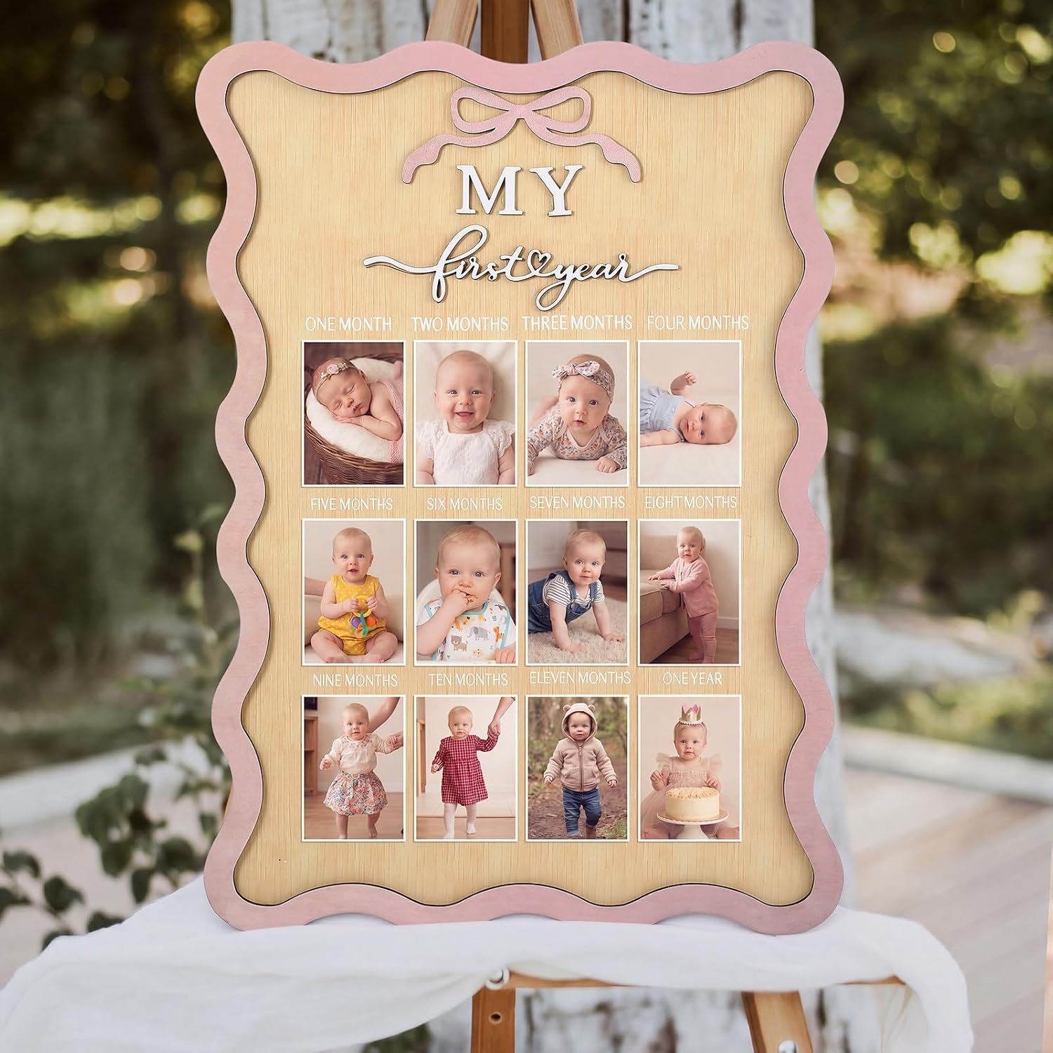 Pink Bow My First Year Photo Board Scalloped, One Year Birthday Wooden Picture Frame 12 Monthly Milestone Photo Frame 16.5 x 11.8 Baby 1st Birthday Decoration Gift for Baby Girls Keepsake Girls