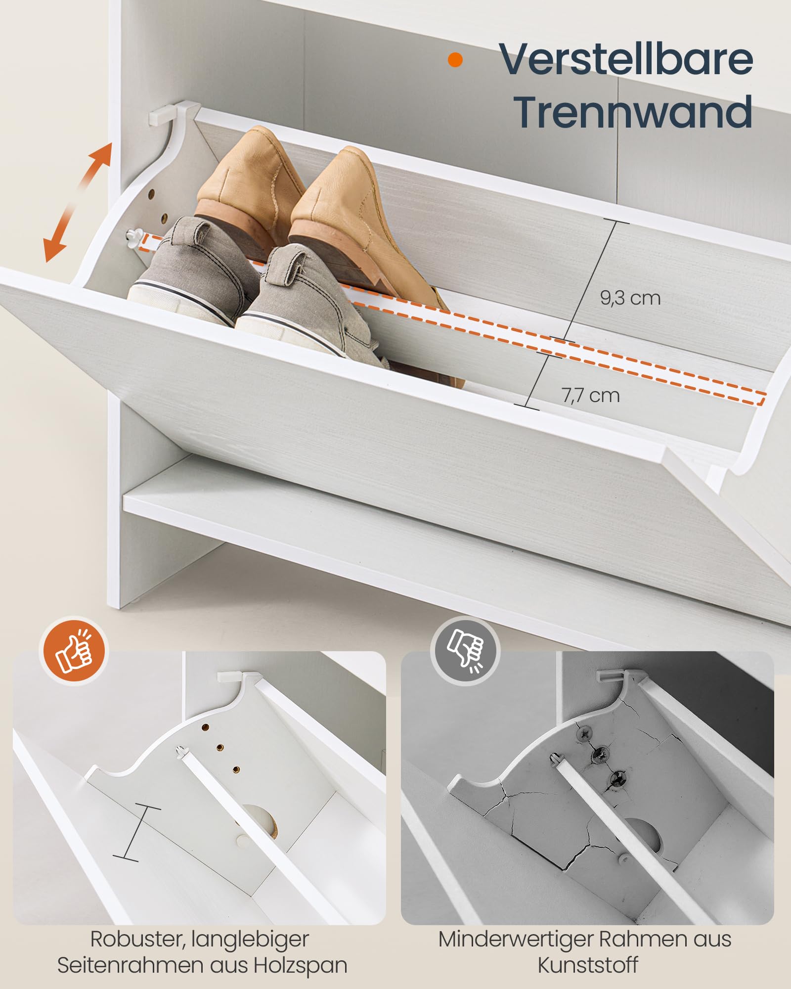 SONGMICS HOME Schuhschrank 2 Klappen, Snapsemble – superschnelle Montage， Schuhkipper schmal, Schuhaufbewahrung, Trennwand verstellbar, modern, für Flur, schneeweiß LBC228WE01