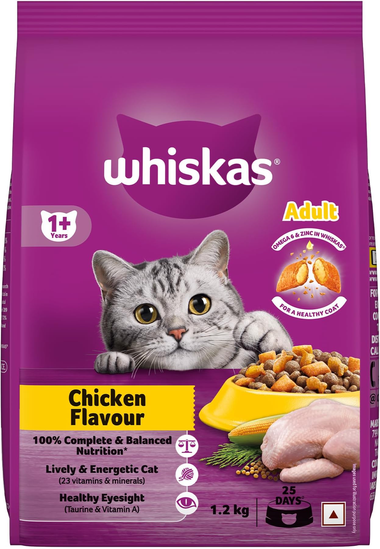 Whiskas Adult (1+ Years) Dry Cat Food, Chicken Flavour, 1.2 kg, Contains 41 Essential Nutrients, Complete & Balanced Nutrition for Adult Cats