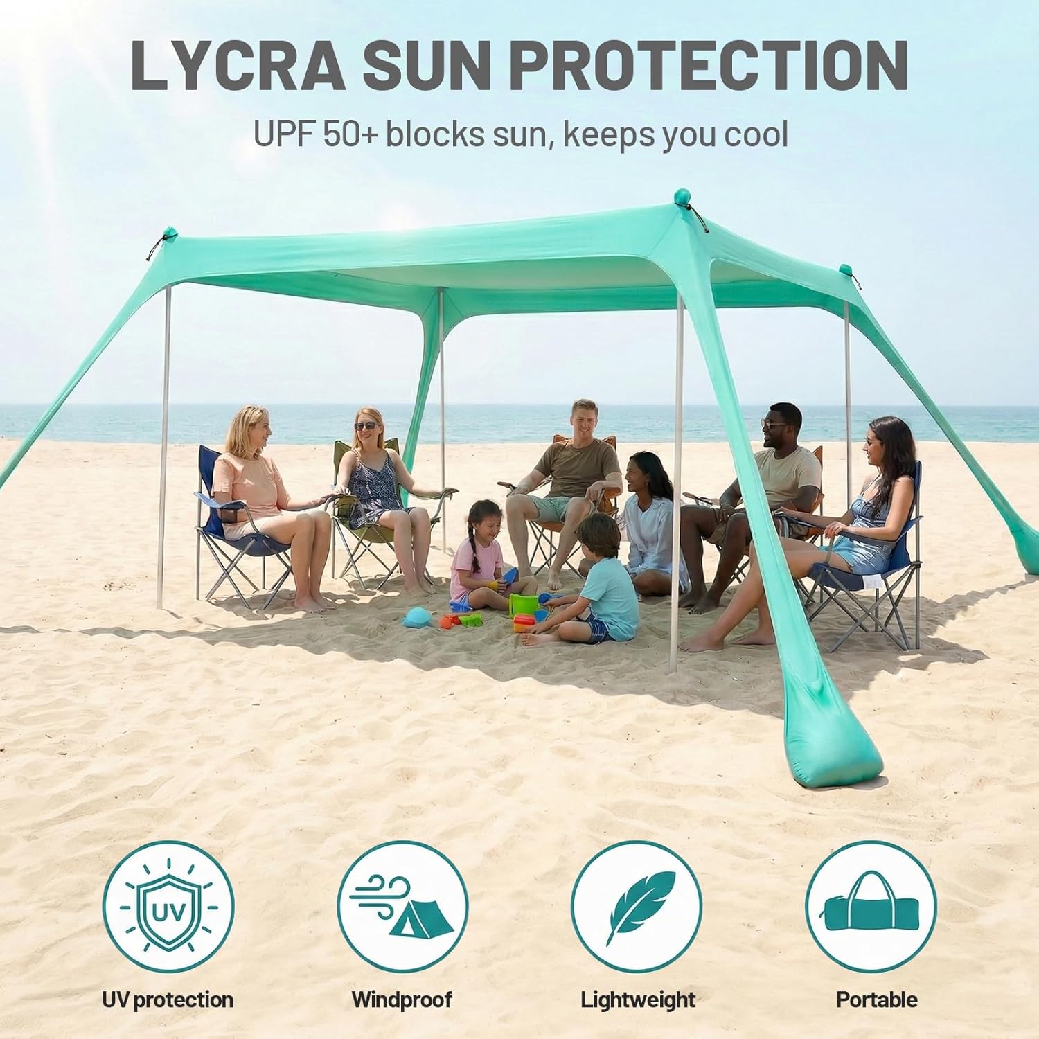 10x10 FT Beach Tent Sun Shelter, Lycra Beach Canopy with 2 or 4 Adjustable Poles, Windproof Sun Shade for Beach, Picnic and Backyard, Portable Shelter for 6-8 Person, Beach Essentials, Green