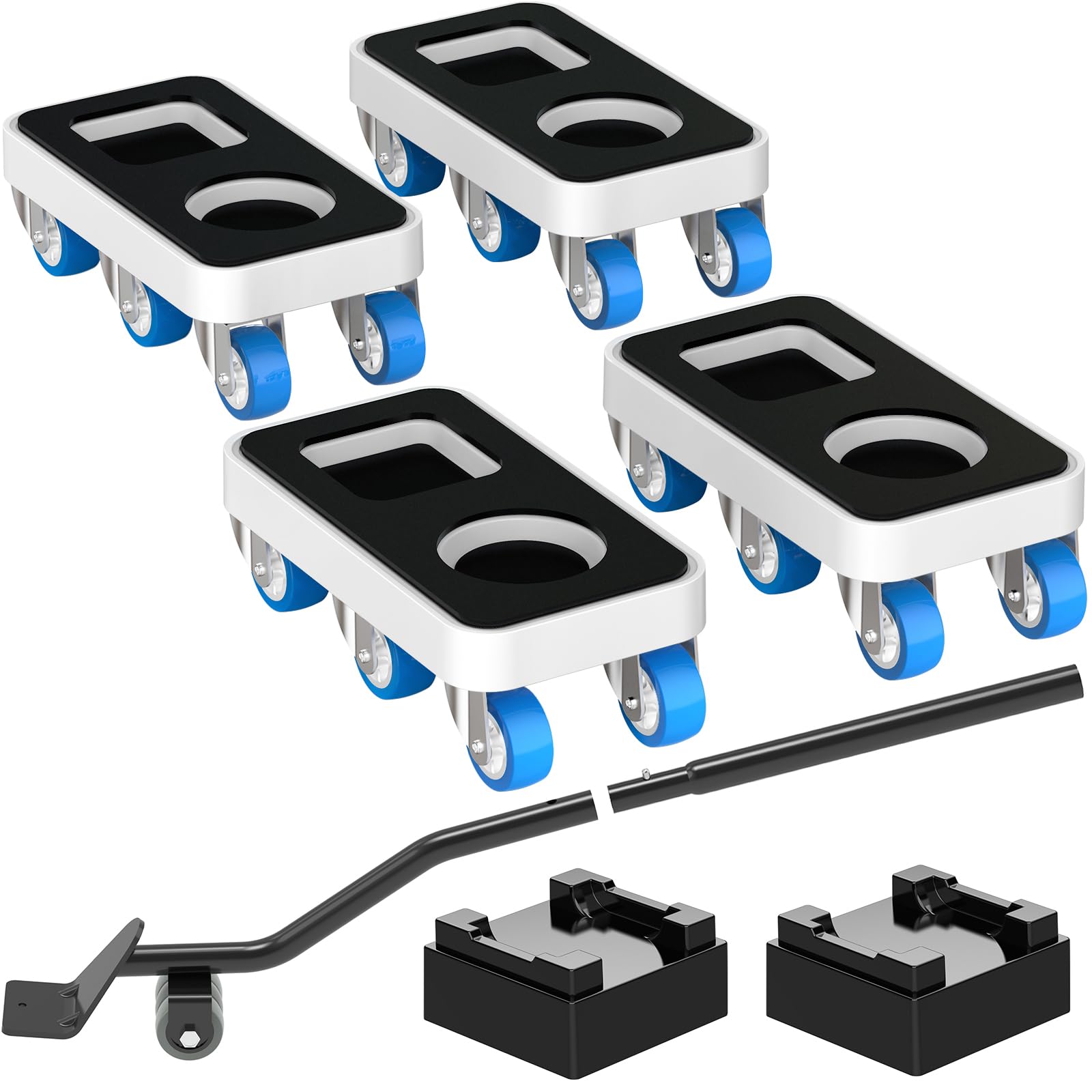 NIUXX 6-Rollen Möbelgleiter mit 1,5 Zoll Rollen – Doppel-Rund- & Quadrat-Aufnahme, 500KG Schwerlast & 360° Kugellager für Sofa, Bett auf glatten Böden (4 Gleiter + Hebel + 2 Erhöhungsadapter)