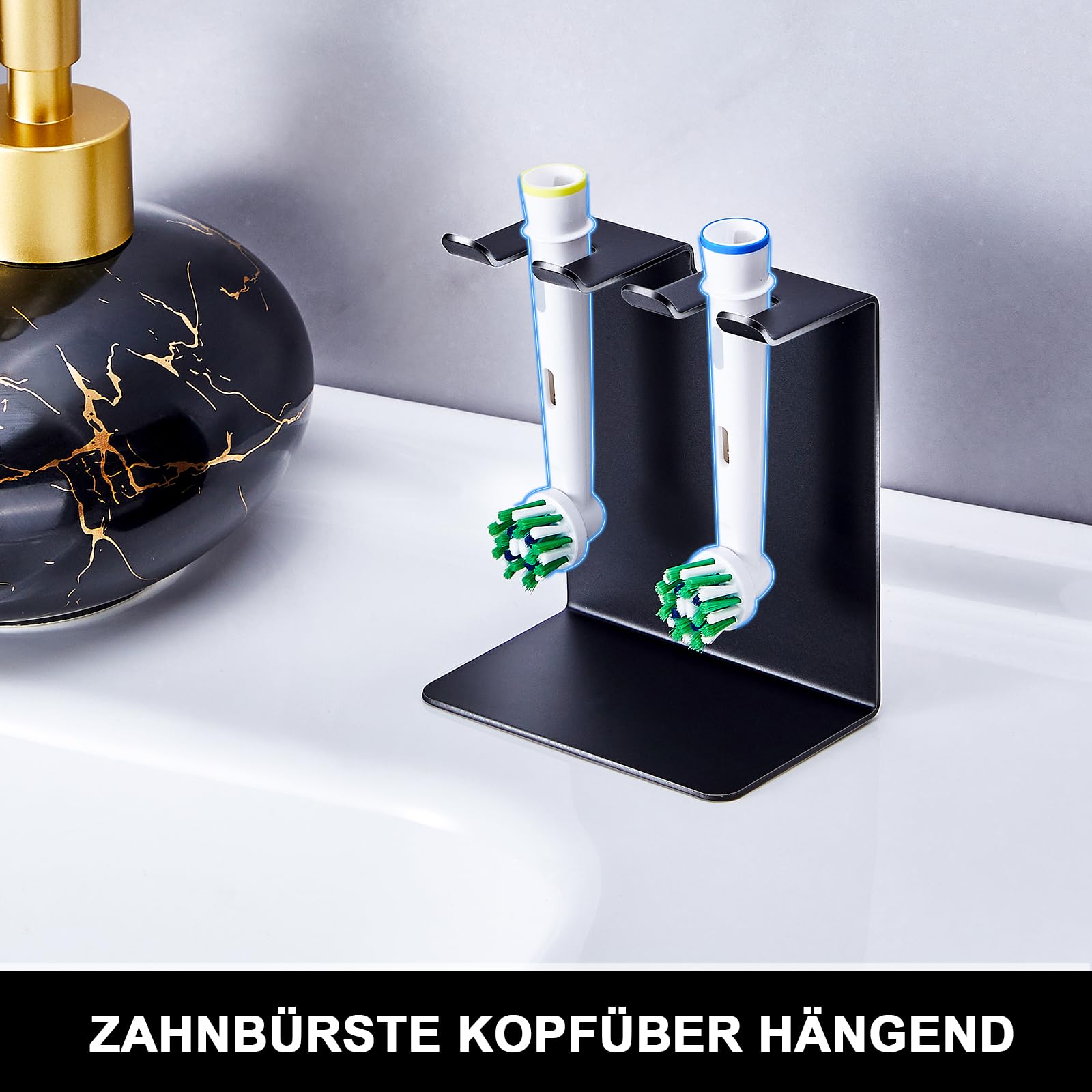 Zahnbürstenhalter, Halterung Elektrische Zahnbürste, Stehender oder Wandhalterung Zahnbürsten Halter, Zahnbürstenkopf halters, Aufsteckbürsten Halter Wand Ohne Bohren (Schwarz, Klein)