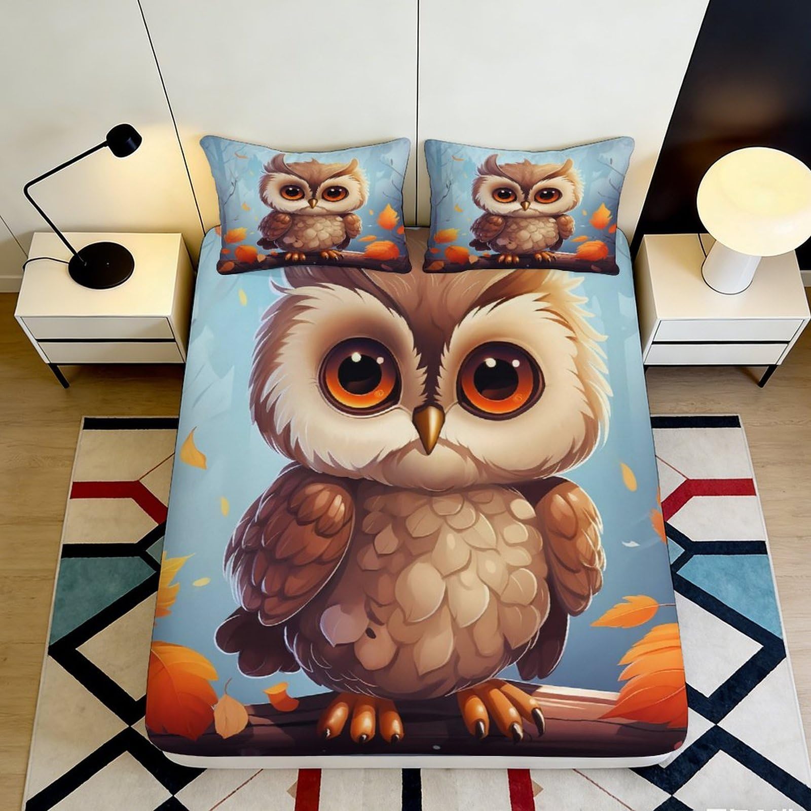 3D Printed Cute Owl Fitted Sheet Microfiber Soft Cartoon Autumn Leaves Mattress Cover for Bedroom Dorm All Ages 90x200x25cm
