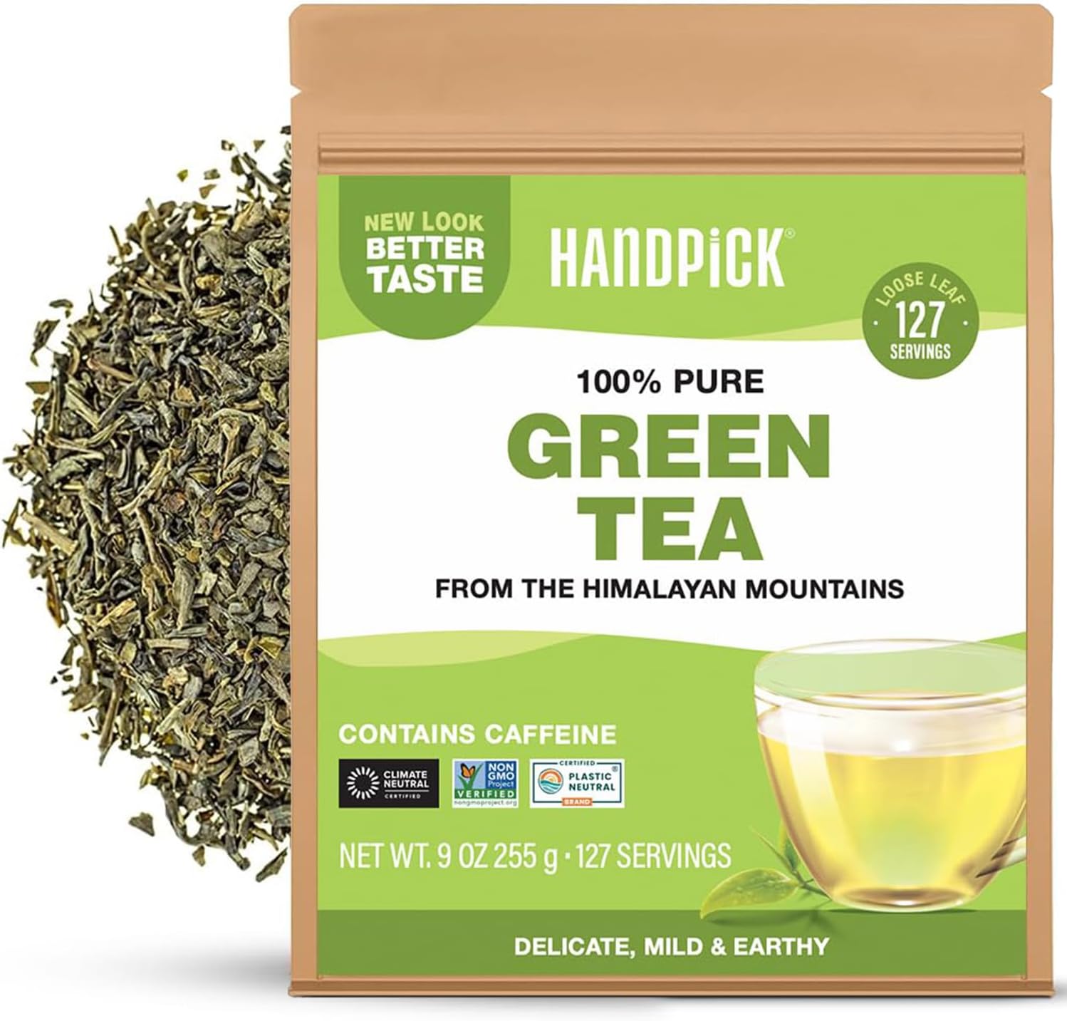 HANDPICK, Green Tea Loose Leaf (255g/9oz) 127 Cups | Non-GMO, 100% Pure Green Tea Leaves Sourced from Himalayas, India | Resealable Ziplock Pouch