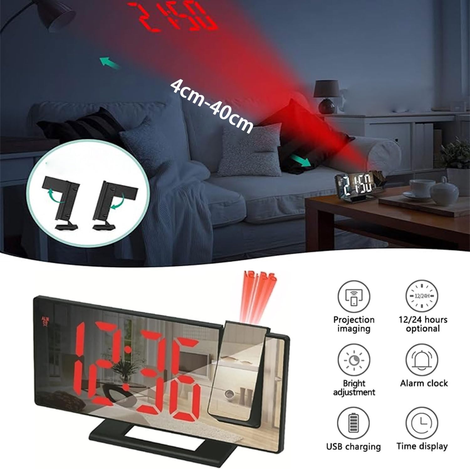 LED Digital Projection Alarm Clock for Bedroom Projection on Ceiling Electronic Time Projector Dual Loud Bedside Mute Clock, Red on White