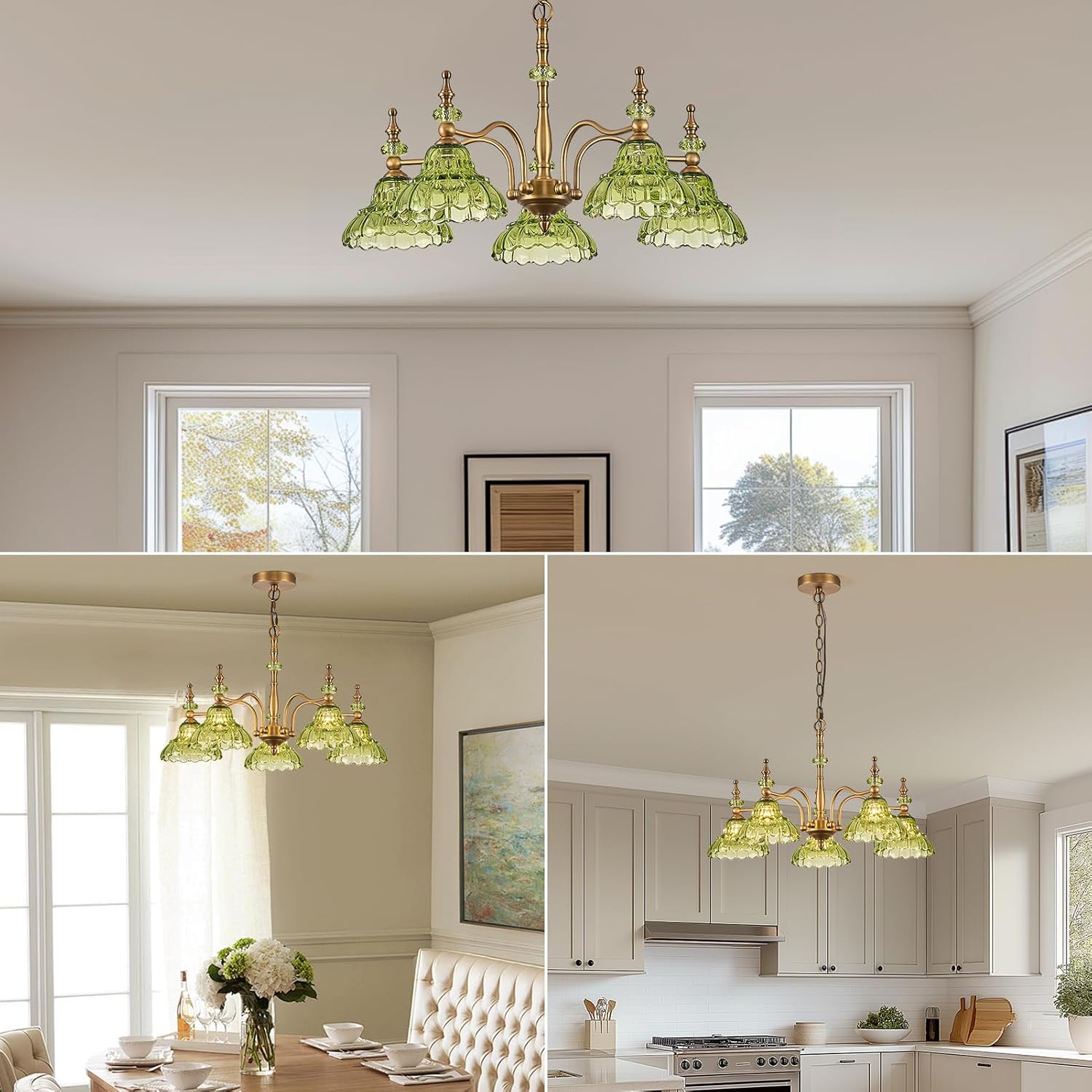 HDDFL Chandeliers Light 5 Lights Chandelier Lamp Modern Pendant Lighting Fixtures Hanging Lamps for Dining Room Entryway Living Room Bedrooms Foyer Entrance Kitchen Brass and Green