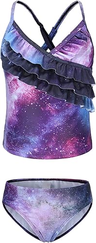 Traje de baño tankini de dos piezas para niñas, traje de baño hawaiano teñido anudado para niñas de 3 a 16 años