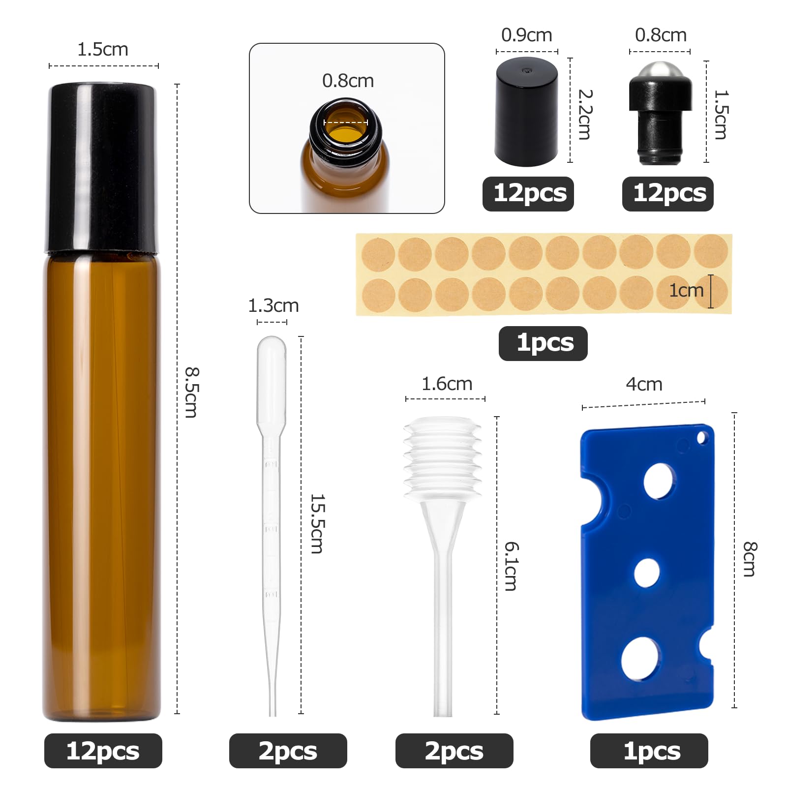 Carehabi Lot de 12 Flacon à Bille Verre pour Huile Essentielle, 10ml Flacons Roll on vides Rechargeable Marron Transparent Bouteille avec pipette pour Huiles Parfumé, Cosmétique, Massage