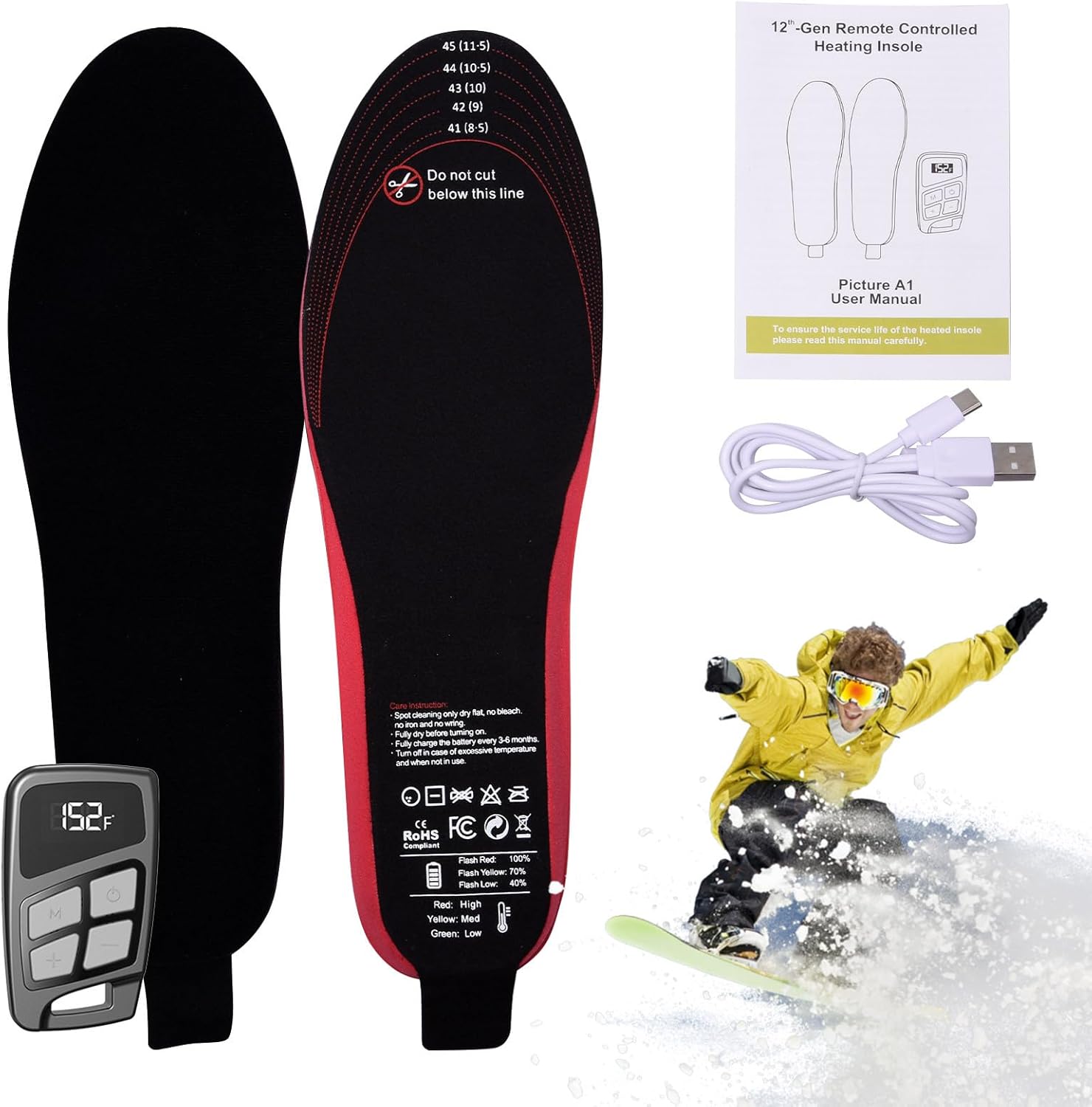 温熱インソール 3500Mah - 長時間稼働のフットウォーマー リモコンで3段階調節可能,3モード調節リモコン付き トラベル キャ