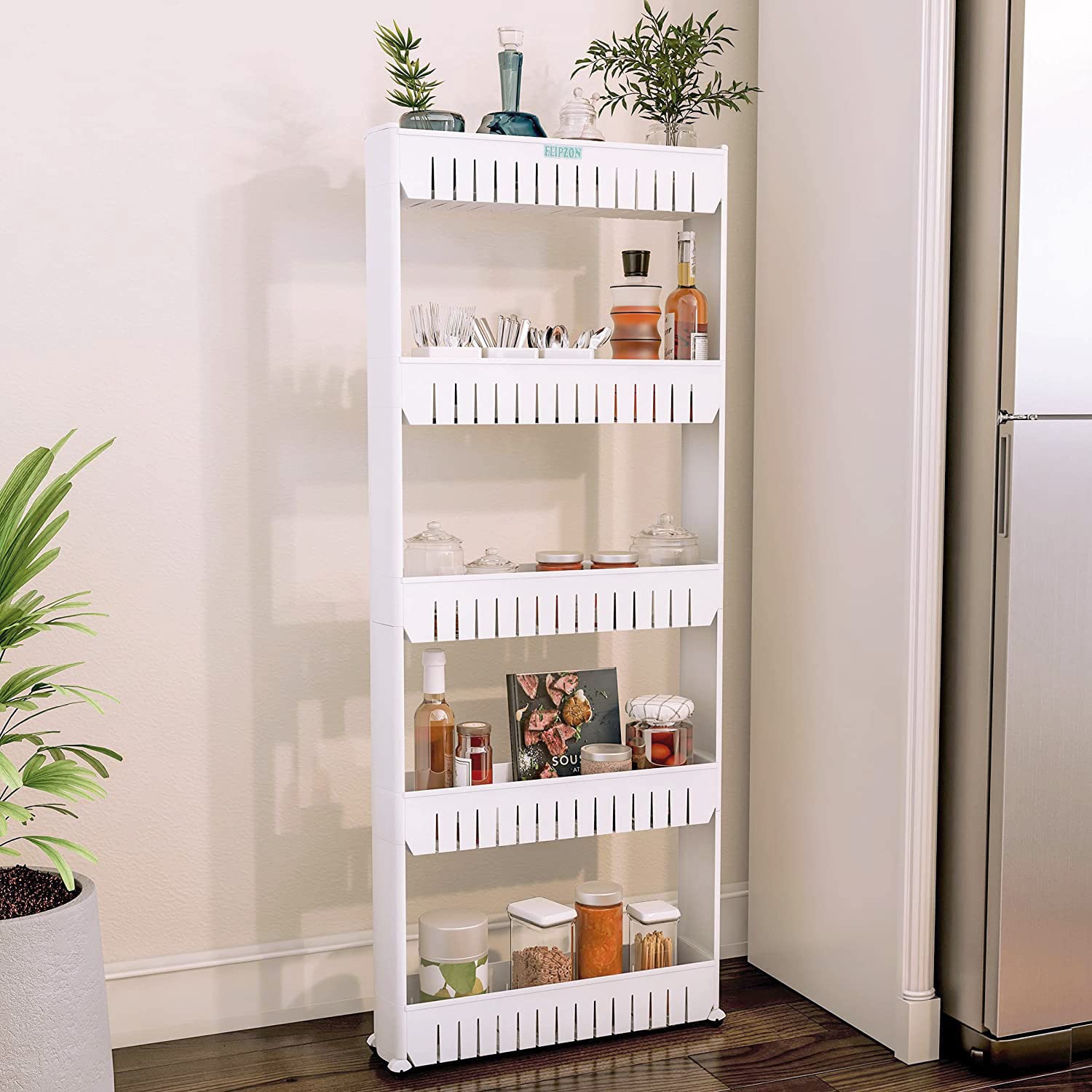 FLIPZON Slim Rolling Storage Rack – 5-Tiered Shelf Plastic Slide-Out Organizer | Space-Saving, Multipurpose | for Kitchen, Bathroom, Laundry, Pantry & Utility Storage | Floor Standing | White