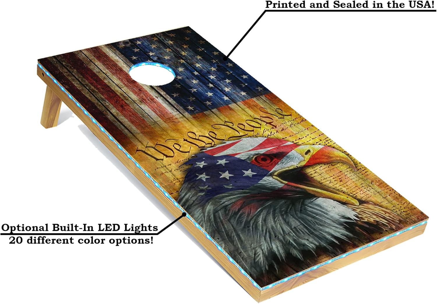 Tailgating Pros American Themed Lightweight Corn Hole Board Set w/Multicolored LED Rings, Bean, Bags, and Carrying Case - 4'x2' Cornhole Toss