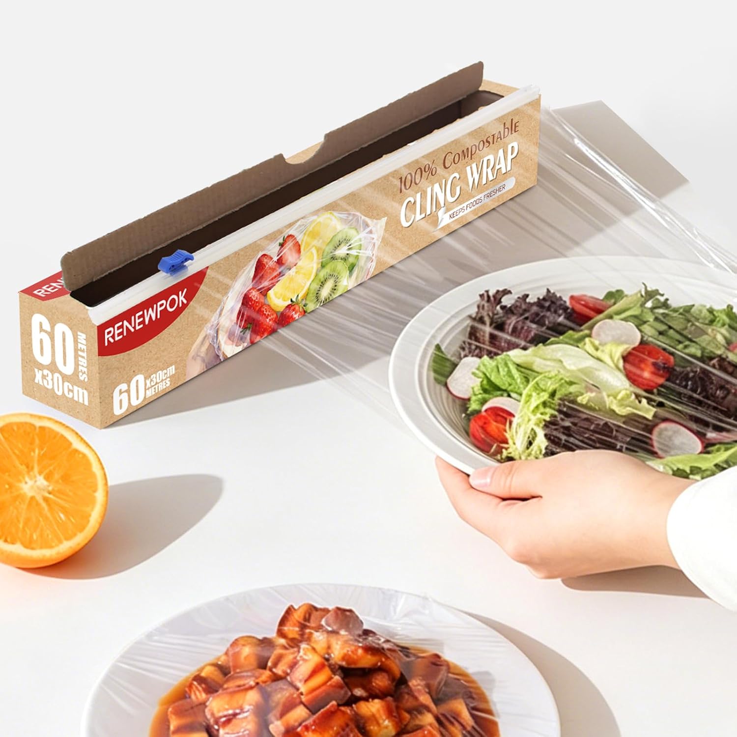100% Compostable Plastic Wrap Dispenser With Slide Cutter 12 inch Food Service Cling Film Wrap Roll - 12" x 196 Ft ECO friendly Food Wrap(The Slide Cutter stored in The Inner core of The roll)