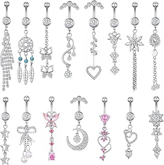 15PCS 14G Stainless Steel Belly Button Rings for Women with AAA Cubic Zirconia