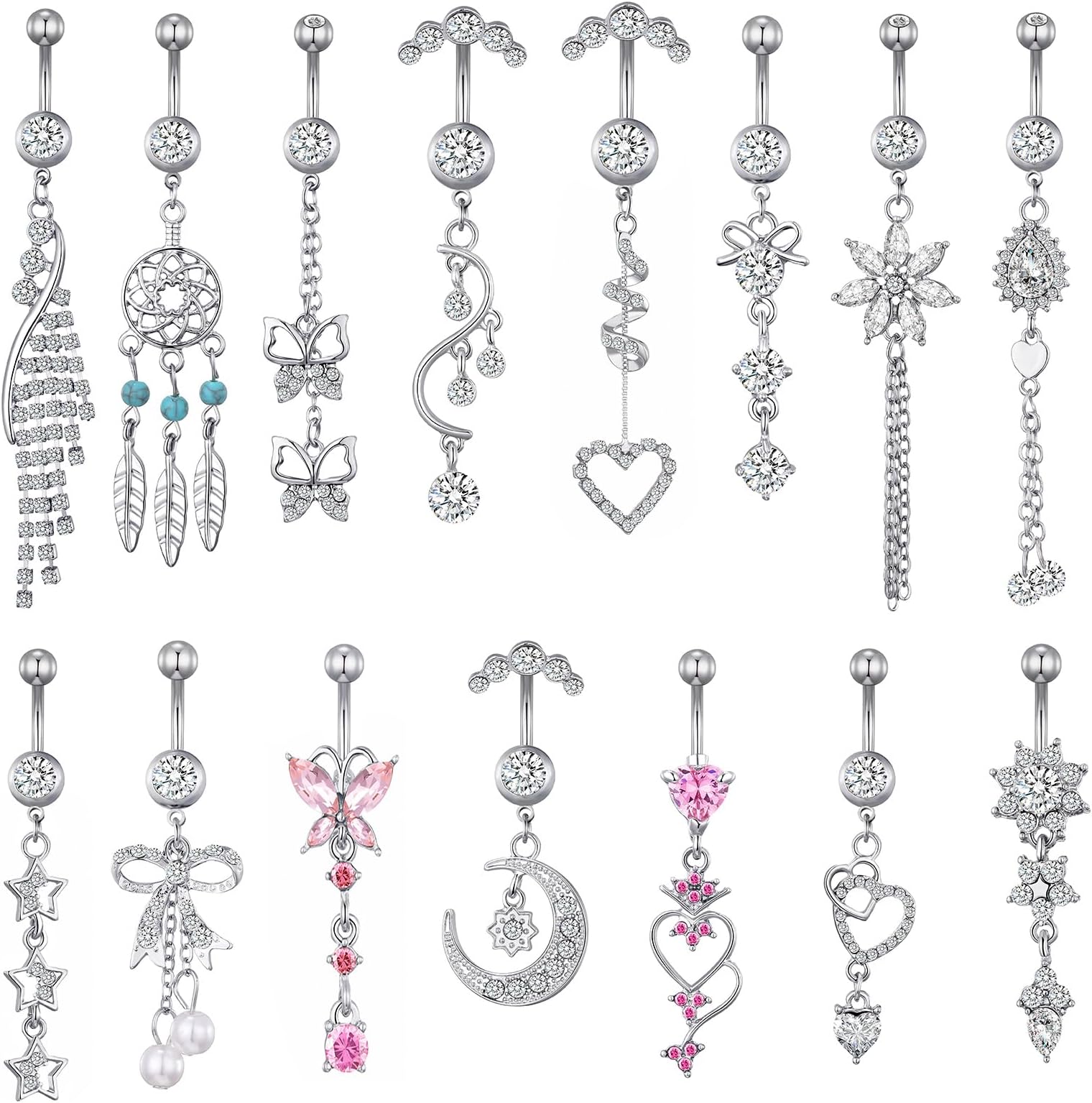 15PCS 14G Stainless Steel Belly Button Rings for Women with AAA Cubic Zirconia