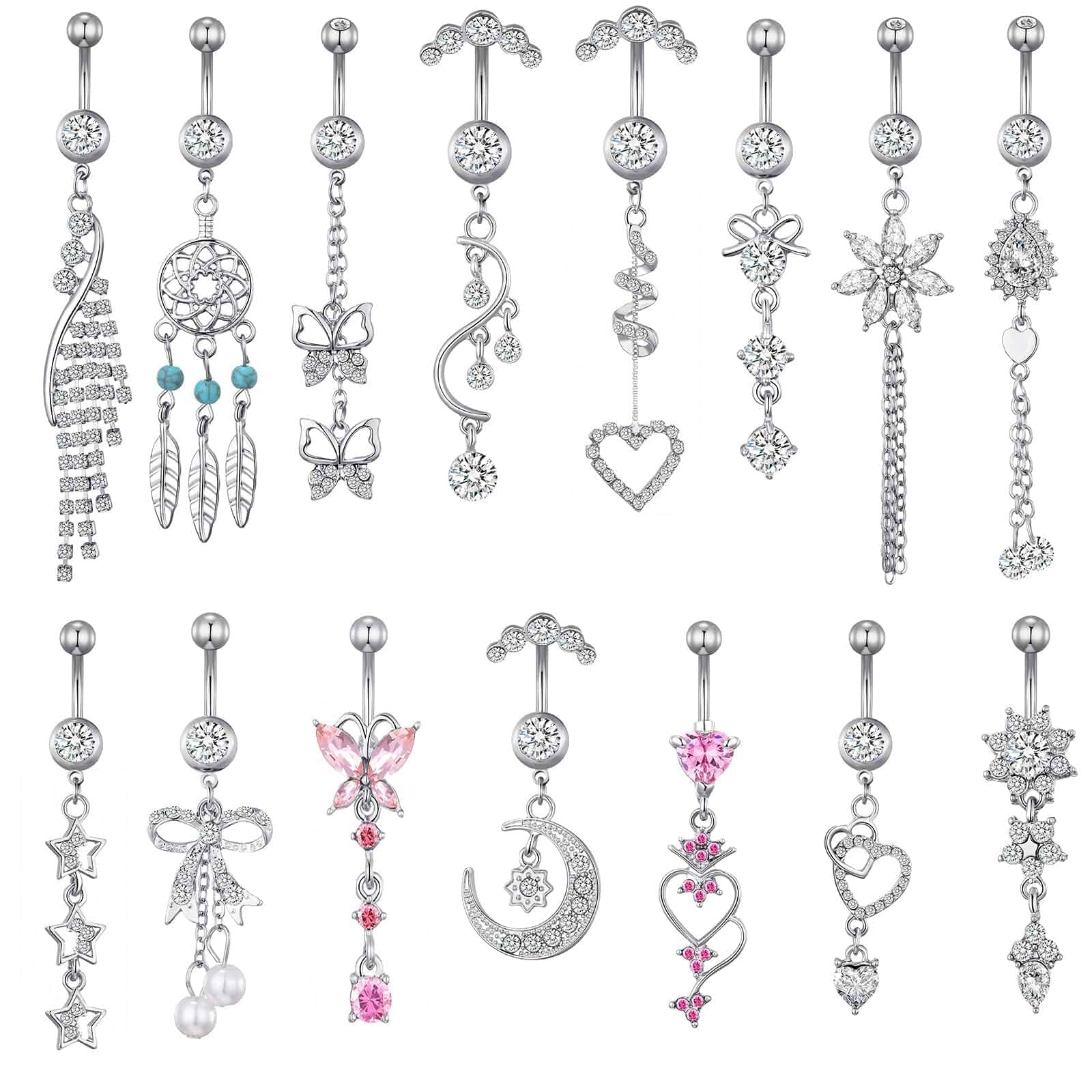 TAMHOO 15PCS 14G Stainless Steel Belly Button Rings for Women with AAA Cubic Zirconia