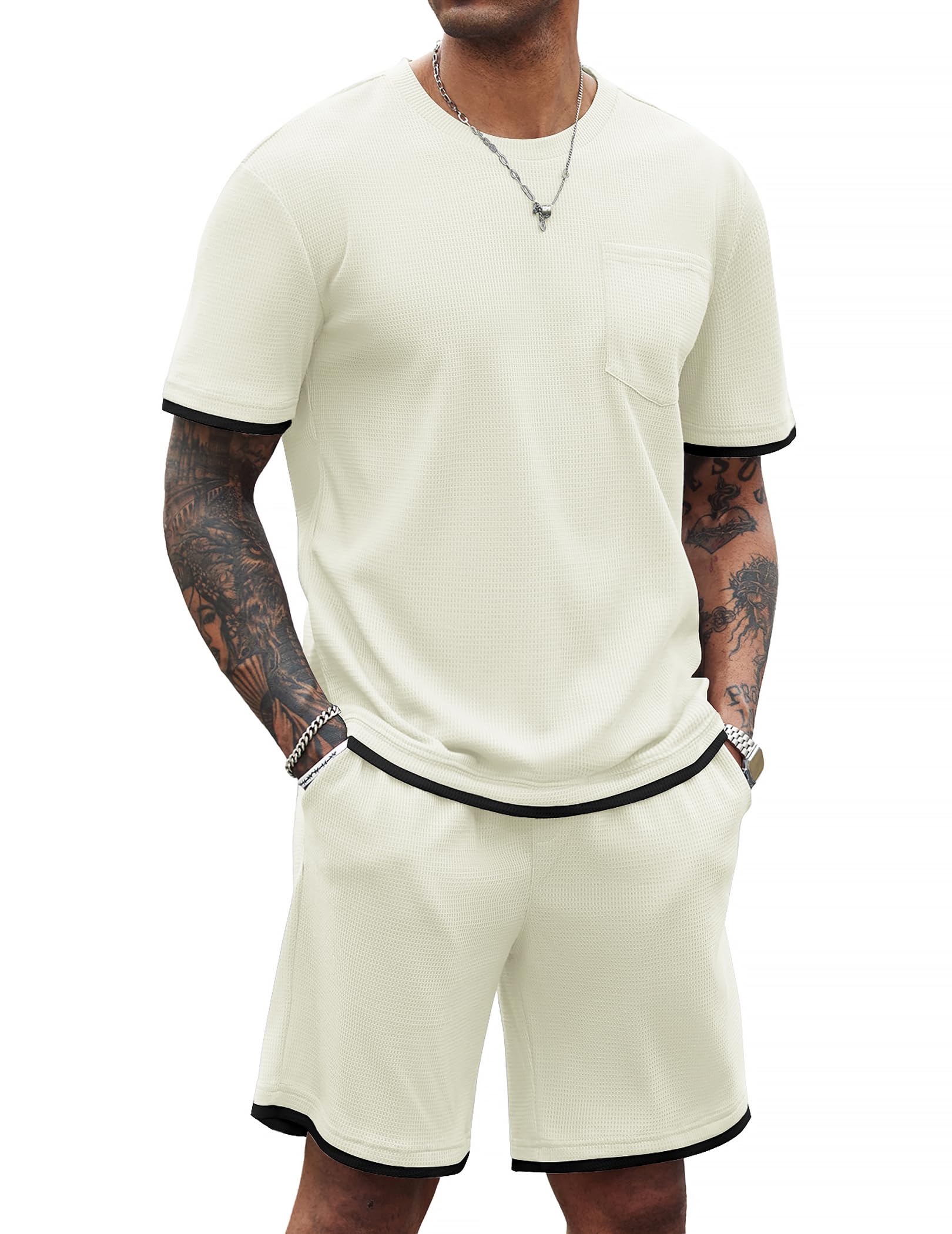 COOFANDYMen's Waffle Shirt and Shorts Set 2 Piece Outfits Casual Summer Tracksuits Set with Pockets