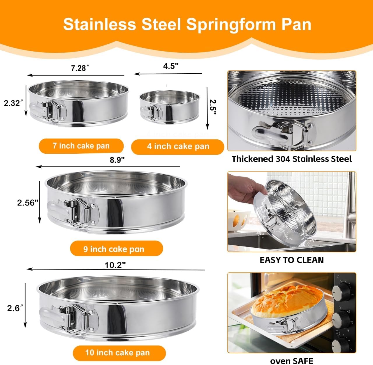 Aufind Springform Pan Set for Baking (4,7,9,10inches), 304 Stainless Steel Springform Cake Pan with Removable Bottom, Cheesecake Pan with 50PCS Parchment Paper for Pie Cake Pizza and Quiches