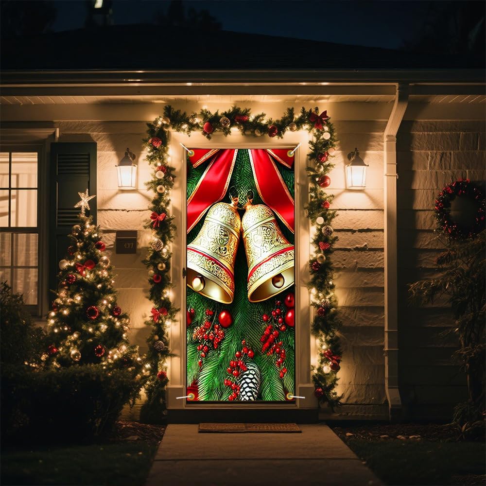 Christmas Pine Swag Door Cover 35x71in Red Bow Gold Bell