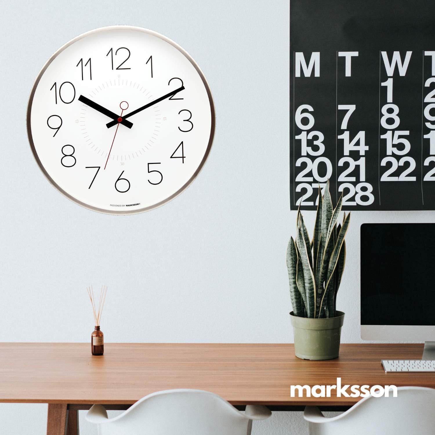 Marksson - Kinney's Battery Operated Wall Clock - 12 inch Round, Silent, Non-Ticking Clock - Quartz, Stainless Steel - Easy-to-Read for Home's Kitchen or Living Room, Office, School (White) : Home & Kitchen