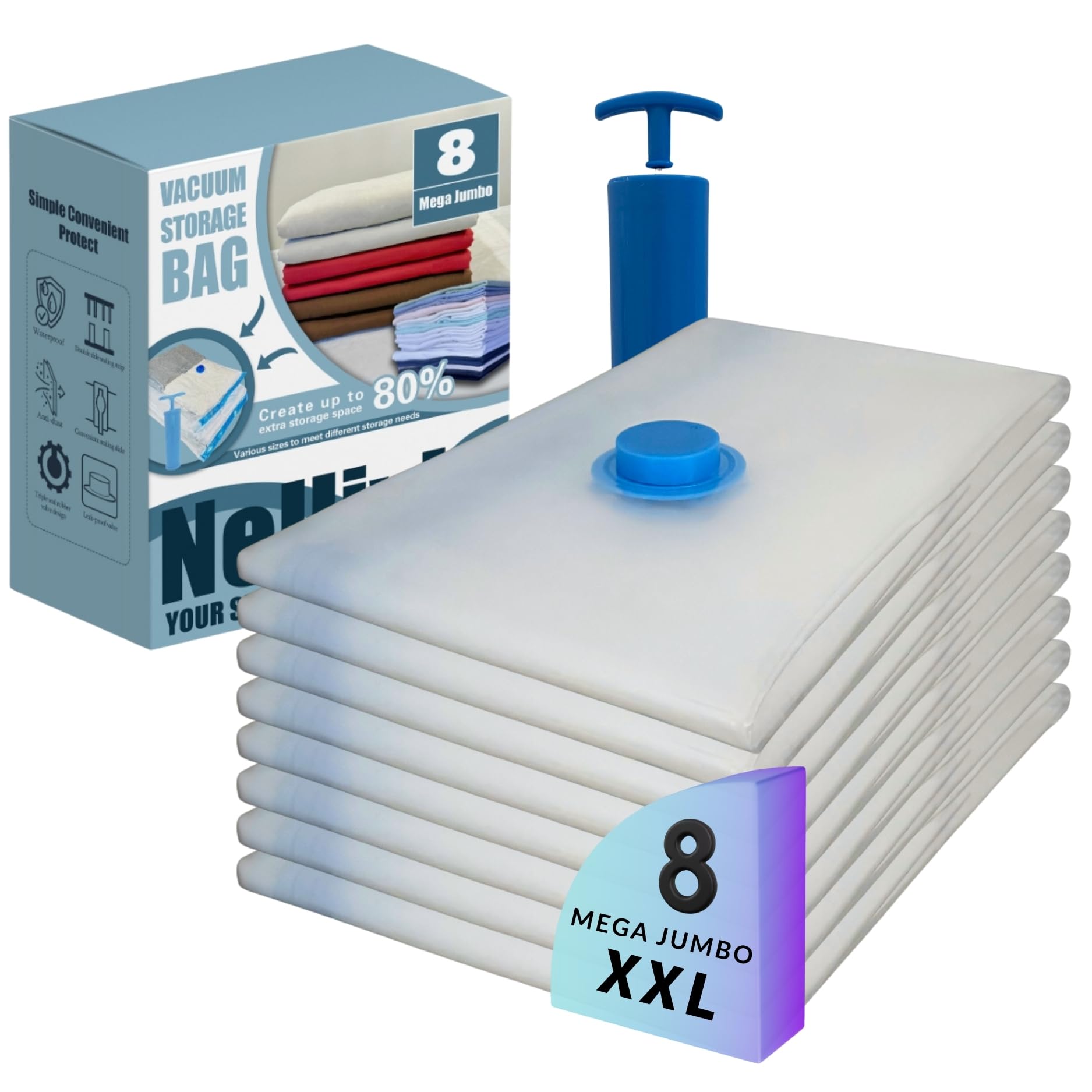 Mega Jumbo XXL Vacuum Seal Space Saver Storage Bags with Pump 8 Pack